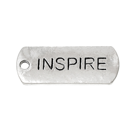 Picture of Zinc Metal Alloy Charm Pendants Rectangle Antique Silver Color Message " Inspire " Carved 21mm x 8mm( 7/8" x 3/8"), 30 PCs