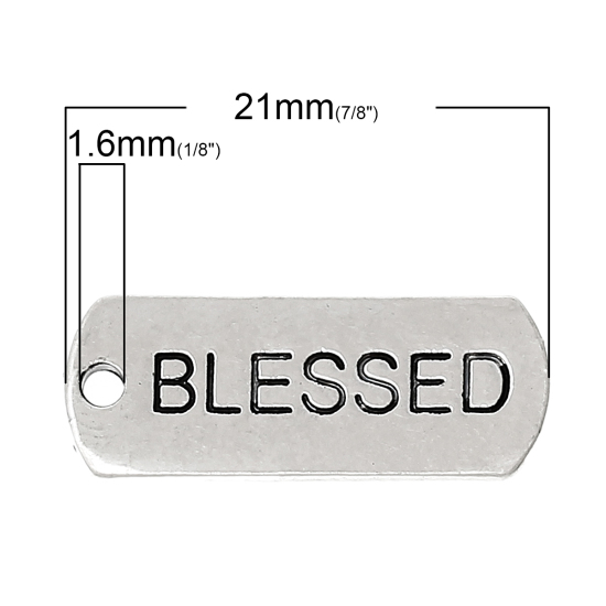 Picture of Zinc Metal Alloy Charm Pendants Rectangle Antique Silver Color Message " Blessed " Carved 21mm x 8mm( 7/8" x 3/8"), 30 PCs