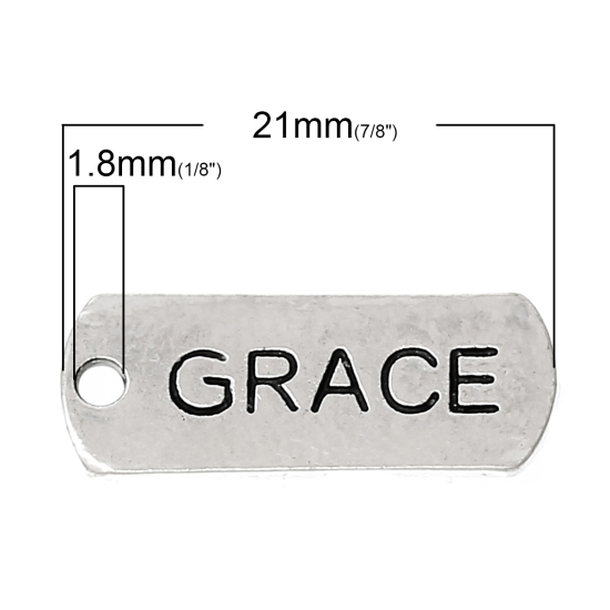 Picture of Zinc Metal Alloy Charm Pendants Rectangle Antique Silver Color Message " Grace " Carved 21mm x 8mm( 7/8" x 3/8"), 30 PCs
