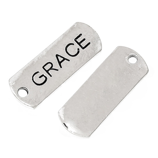 Picture of Zinc Metal Alloy Charm Pendants Rectangle Antique Silver Color Message " Grace " Carved 21mm x 8mm( 7/8" x 3/8"), 30 PCs
