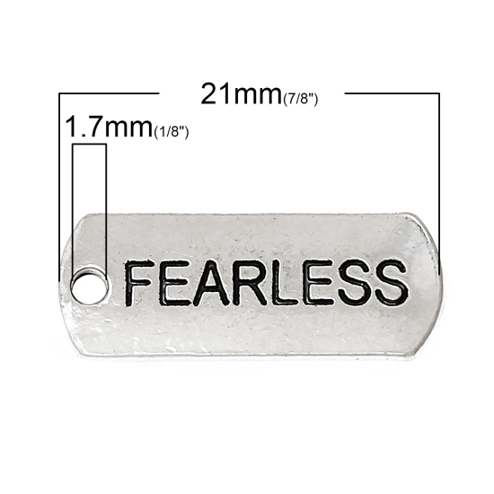 Picture of Zinc Metal Alloy Charm Pendants Rectangle Antique Silver Color Message " Fearless " Carved 21mm x 8mm( 7/8" x 3/8"), 30 PCs