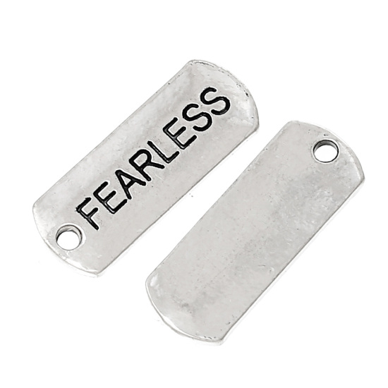 Picture of Zinc Metal Alloy Charm Pendants Rectangle Antique Silver Color Message " Fearless " Carved 21mm x 8mm( 7/8" x 3/8"), 30 PCs
