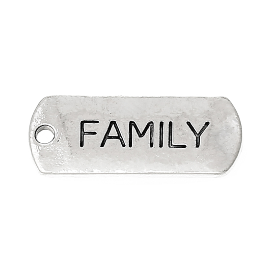 Picture of Zinc Metal Alloy Charm Pendants Rectangle Antique Silver Color Message " FAMILY " Carved 21mm( 7/8") x 8mm( 3/8"), 30 PCs