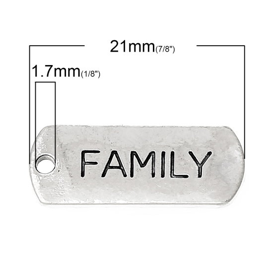 Picture of Zinc Metal Alloy Charm Pendants Rectangle Antique Silver Color Message " FAMILY " Carved 21mm( 7/8") x 8mm( 3/8"), 30 PCs