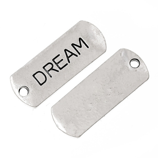 Picture of Zinc Metal Alloy Charm Pendants Rectangle Antique Silver Color Message " DREAM " Carved 21mm( 7/8") x 8mm( 3/8"), 30 PCs