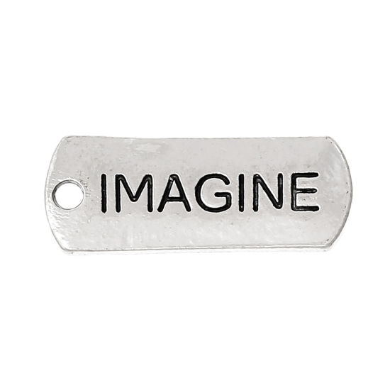 Picture of Zinc Based Alloy Charms Rectangle Antique Silver Color Message " Imagine " 21mm( 7/8") x 8mm( 3/8"), 30 PCs