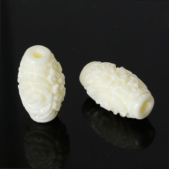Image de (Classement D) Perle en Corail (Imitation) Tonneau Beige Fleur Gravé 16mm x 9mm, Taille de Trou: 2mm, 20 PCs