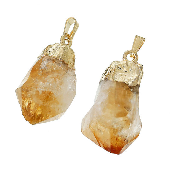 Picture of (Grade A) Citrine (Natural) Druzy /Drusy Pendants Irregular Gold Plated Yellow 4cm x2.1cm(1 5/8" x 7/8") - 3.3cm x1.4cm(1 2/8" x 4/8"), 1 Piece