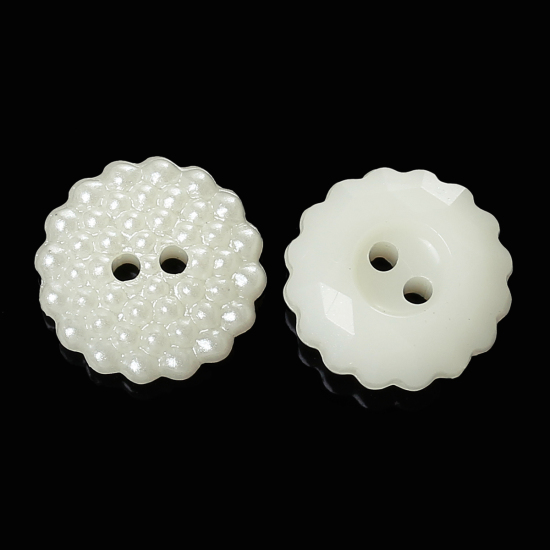 Picture of Acrylic Sewing Buttons Scrapbooking 2 Holes Flower Creamy-White Dot Carved 12mm( 4/8") x 12mm( 4/8"), 50 PCs