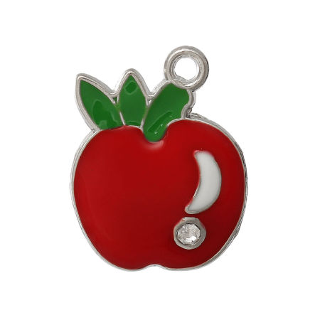 Bild von Zinklegierung Charm Anhänger Apfel Silberfarbe mit Transparent Strass 26mm x 20mm, 20 Stücke