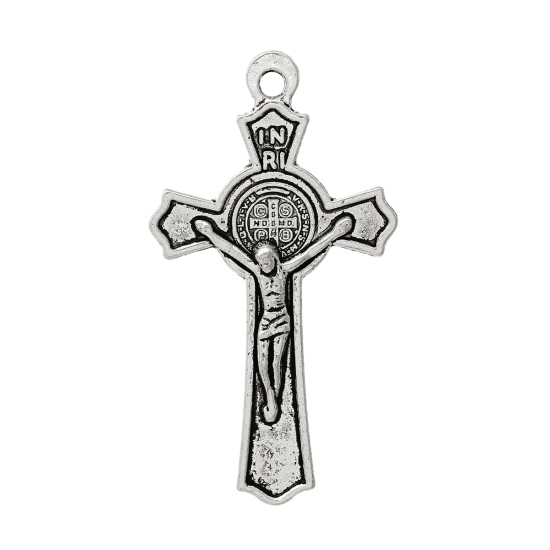 Изображение Подвески Металлические Античное Серебро " Крест " с узором “ Иисус Христос ”, 5.1см x 28.0мм, 30 ШТ