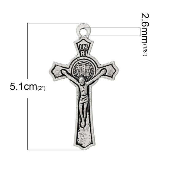 Bild von Zinklegierung Charm Anhänger Kreuz Antik Silber Jesus Message " INRI " 5.1cm x 28mm, 30 Stücke