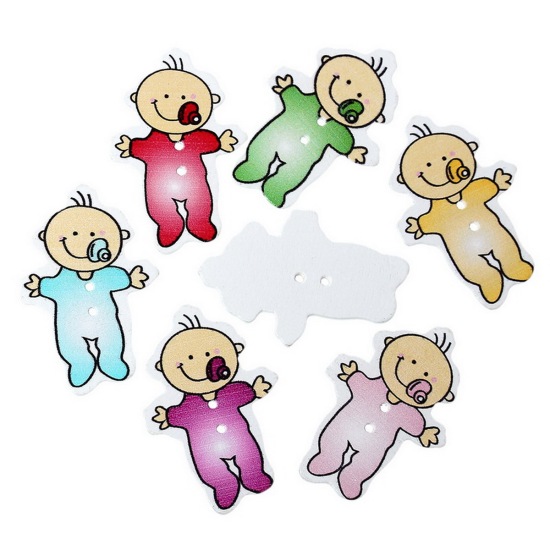 Bild von Natürliches Holz Nähen Knöpfe Scrapbooking Person 2 Löcher gemischt 40mm x 26mm, 50 Stück