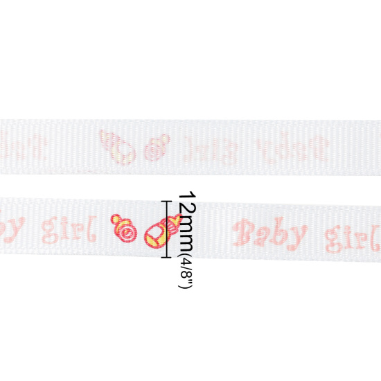 Picture of Polyester Easter Baby Shower Decoration Ribbon Pink Milk Bottle & Pacifier Message "Baby Girl" Pattern 12mm( 4/8"), 1 Roll(Approx 20 Yards/Roll)