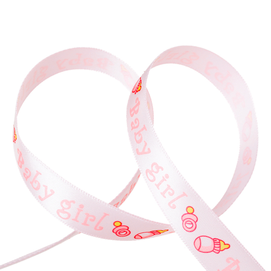 Picture of Polyester Easter Baby Shower Decoration Ribbon Pink Milk Bottle & Pacifier Message "Baby Girl" Pattern 15mm( 5/8"), 1 Roll(Approx 20 Yards/Roll)