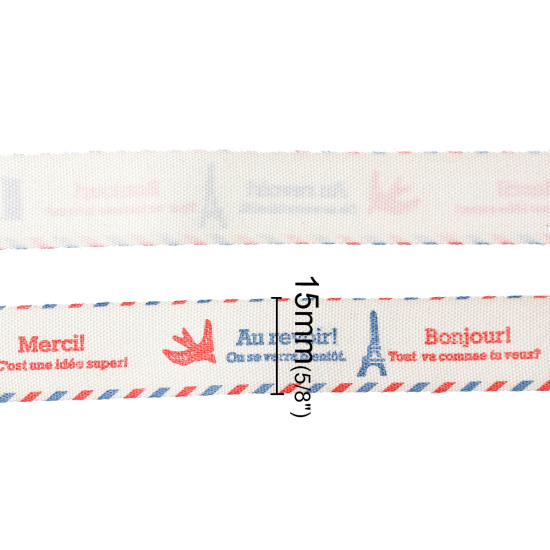 Picture of Cotton Sewing Ribbon Handmade DIY Craft Creamy-White Red Blue Paris Eiffel Tower Pattern 15mm( 5/8"), 1 Roll(Approx 10 Yards/Roll)