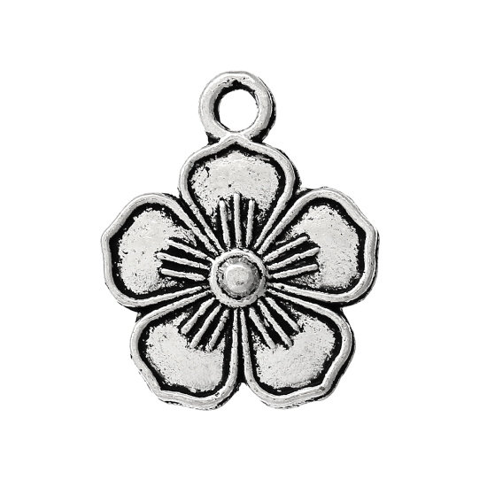 Picture of Zinc Metal Alloy Charm Pendants Flower Antique Silver Color 16mm x 13mm( 5/8" x 4/8"), 50 PCs