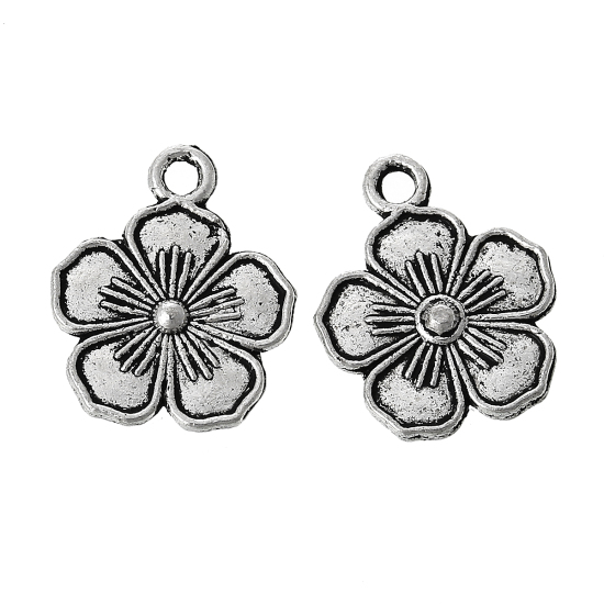 Picture of Zinc Metal Alloy Charm Pendants Flower Antique Silver Color 16mm x 13mm( 5/8" x 4/8"), 50 PCs
