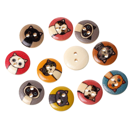 Natural Wood Sewing Buttons Scrapbooking Round At Random Mixed 2 Holes Cat Pattern 15mm( 5/8") Dia, 100 PCs