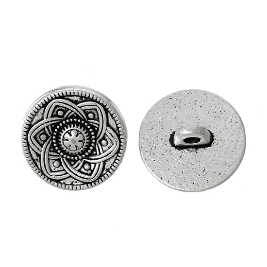 Picture of Zinc Based Alloy Metal Sewing Shank Buttons Round Antique Silver Color Flower Carved 15mm( 5/8") Dia, 30 PCs