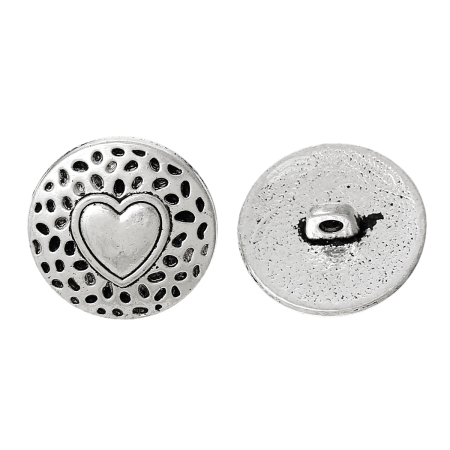 Zinc Based Alloy Metal Sewing Shank Buttons Round Antique Silver Color Heart Carved 18mm( 6/8") Dia, 20 PCs