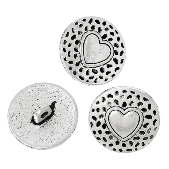 Picture of Zinc Based Alloy Metal Sewing Shank Buttons Round Antique Silver Color Heart Carved 18mm( 6/8") Dia, 20 PCs