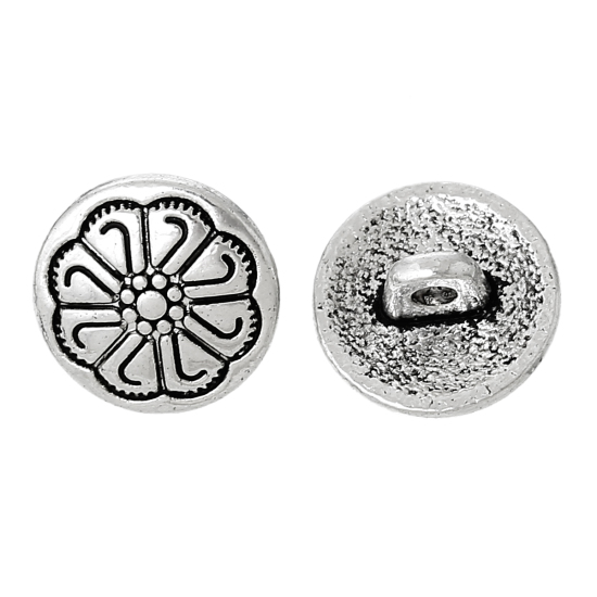 Picture of Zinc Based Alloy Metal Sewing Shank Buttons Round Antique Silver Color Flower Carved 12mm( 4/8") Dia, 50 PCs