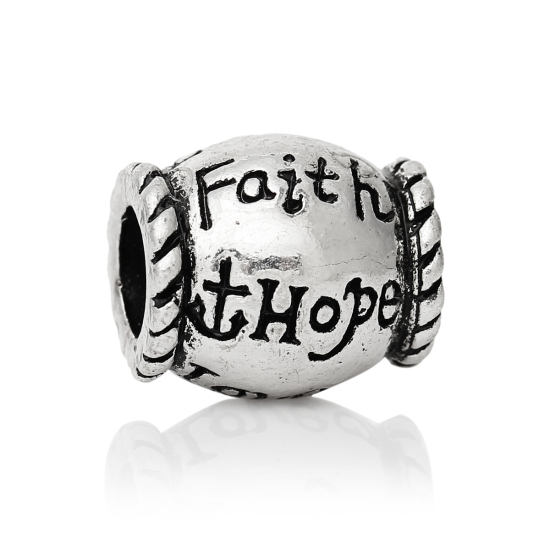 Immagine di Lega di Zinco Stile EuropeoFascino Perline Tamburo Argento Antico Lettere Scolpito " Faith Hope" Circa 12mm x 11mm, Foro: Circa 5.0mm, 10 Pz