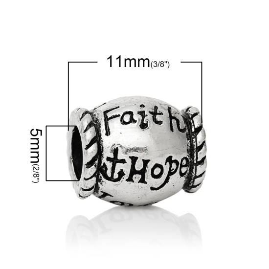 Immagine di Lega di Zinco Stile EuropeoFascino Perline Tamburo Argento Antico Lettere Scolpito " Faith Hope" Circa 12mm x 11mm, Foro: Circa 5.0mm, 10 Pz