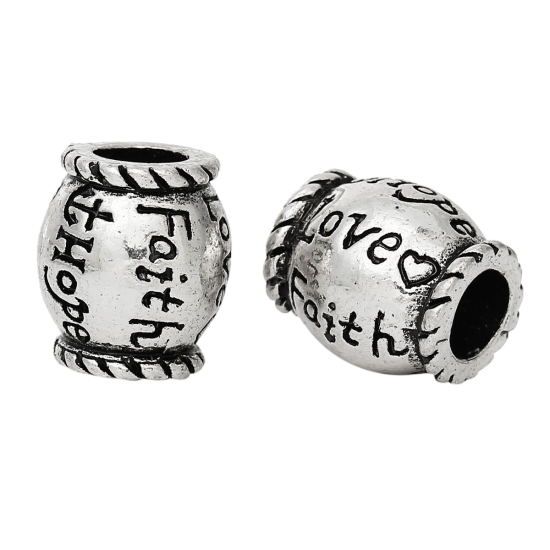 Immagine di Lega di Zinco Stile EuropeoFascino Perline Tamburo Argento Antico Lettere Scolpito " Faith Hope" Circa 12mm x 11mm, Foro: Circa 5.0mm, 10 Pz