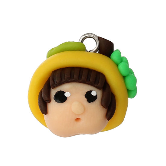 Picture of Polymer Clay 3D Charms Lovely Girl With Hat Yellow 20mm x19mm( 6/8" x 6/8"), 10 PCs