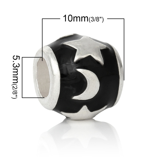 Immagine di Lega di Zinco Stile EuropeoFascino Perline Barile Argento Placcato Luna Scolpito Circa Nero Smalto 12mm Dia, Foro: Circa 5.3mm, 10 Pz