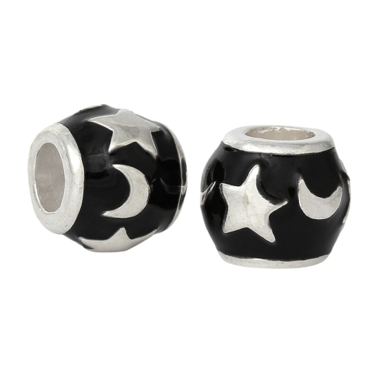 Immagine di Lega di Zinco Stile EuropeoFascino Perline Barile Argento Placcato Luna Scolpito Circa Nero Smalto 12mm Dia, Foro: Circa 5.3mm, 10 Pz