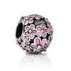Picture of Zinc Metal Alloy European Style Large Hole Charm Beads Round Antique Silver Color Flower Pattern Pink Enamel About 12mm Dia, Hole: Approx 5mm, 10 PCs