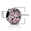 Picture of Zinc Metal Alloy European Style Large Hole Charm Beads Round Antique Silver Color Flower Pattern Pink Enamel About 12mm Dia, Hole: Approx 5mm, 10 PCs