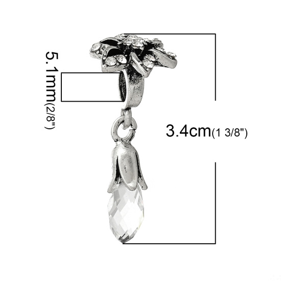 Bild von Glas European Stil Charm Großloch Dangling Perlen Tropfen Antiksilber Blumen 34mm x 15mm, 10 Stücke