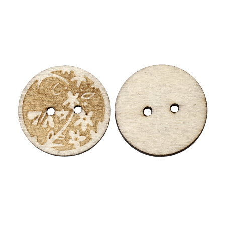 Natural Wood Sewing Buttons Scrapbooking Round 2 Holes Flower Pattern 25mm(1") Dia, 100 PCs