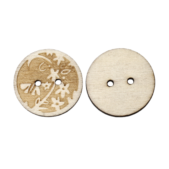 Picture of Natural Wood Sewing Buttons Scrapbooking Round 2 Holes Flower Pattern 25mm(1") Dia, 100 PCs