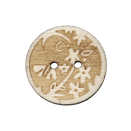 Picture of Natural Wood Sewing Buttons Scrapbooking Round 2 Holes Flower Pattern 25mm(1") Dia, 100 PCs