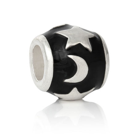 Цинковый Сплав В Стиле Пандора Бусины Бочка, Посеребренный Луна Черный С Эмалью " 12мм диаметр, Отверстие ：около 5.3мм, 10 ШТ