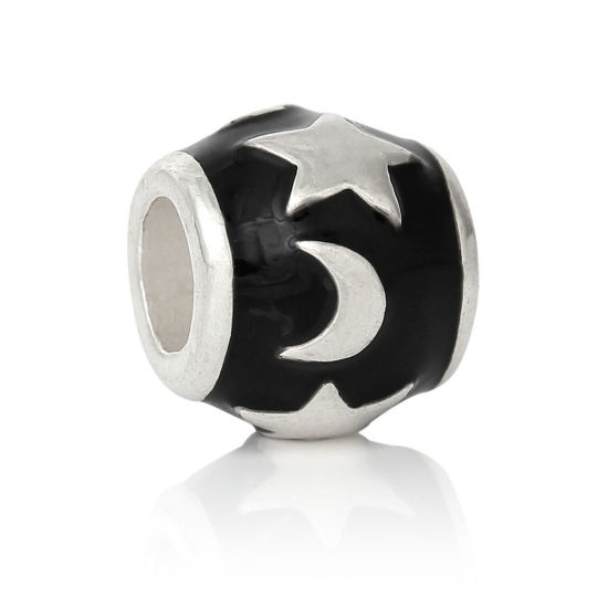 Immagine di Lega di Zinco Stile EuropeoFascino Perline Barile Argento Placcato Luna Scolpito Circa Nero Smalto 12mm Dia, Foro: Circa 5.3mm, 10 Pz