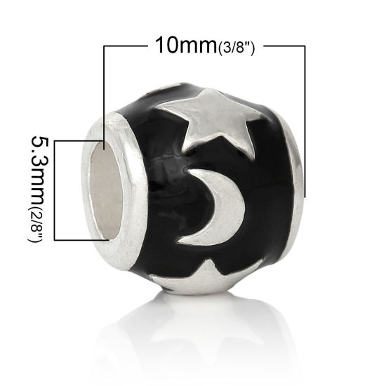 Immagine di Lega di Zinco Stile EuropeoFascino Perline Barile Argento Placcato Luna Scolpito Circa Nero Smalto 12mm Dia, Foro: Circa 5.3mm, 10 Pz