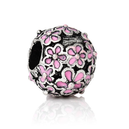Zinc Metal Alloy European Style Large Hole Charm Beads Round Antique Silver Color Flower Pattern Pink Enamel About 12mm Dia, Hole: Approx 5mm, 10 PCs