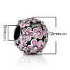 Picture of Zinc Metal Alloy European Style Large Hole Charm Beads Round Antique Silver Color Flower Pattern Pink Enamel About 12mm Dia, Hole: Approx 5mm, 10 PCs