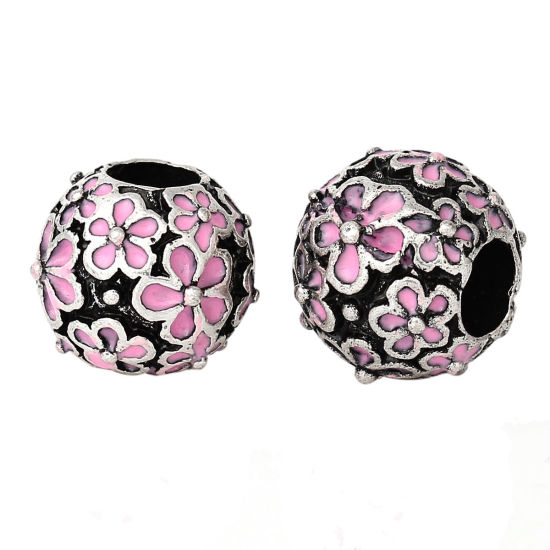 Immagine di Lega di Zinco Stile EuropeoFascino Perline Tondo Argento Antico Fiore Scolpito Smalto 12mm Dia, Foro: Circa 5.0mm, 10 Pz
