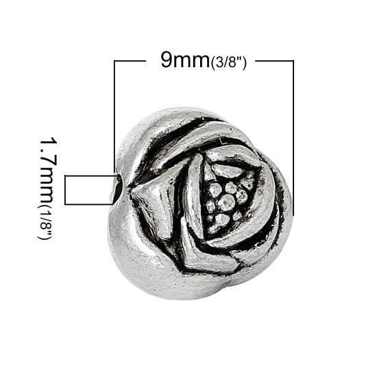 亜鉛合金 メタル/金属 スペーサー ビーズ 花 銀古美 約 10mm x 9mm、 穴：約 1.7mm、 50 個 の画像