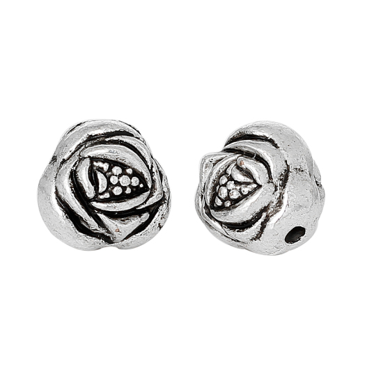 亜鉛合金 メタル/金属 スペーサー ビーズ 花 銀古美 約 10mm x 9mm、 穴：約 1.7mm、 50 個 の画像