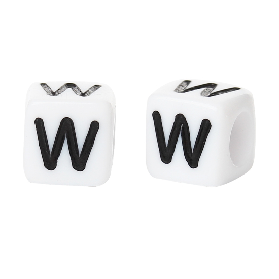 Image de Perle en Acrylique Cube Blanc Alphabet/Lettre "W" Noir 6mm x 6mm, Taille de Trou: 3.6mm, 500 PCs