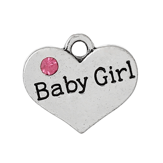 Picture of Zinc Metal Alloy Charm Pendants Heart Antique Silver Message " Baby Girl " Carved Pink Rhinestone 17mm( 5/8") x 15mm( 5/8"), 20 PCs