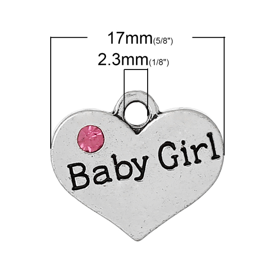 Picture of Zinc Metal Alloy Charm Pendants Heart Antique Silver Message " Baby Girl " Carved Pink Rhinestone 17mm( 5/8") x 15mm( 5/8"), 20 PCs